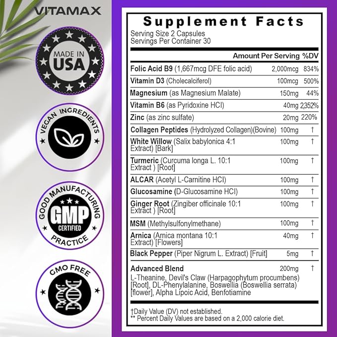 Sciatic Nerve Health Support - Sciatic Nerve Supplement Capsules with Folic Acid, Pea, Glucosamine, MSM, Vitamin B Complex, Alpha Lipoic Acid 300mg – 60ct – Made in USA