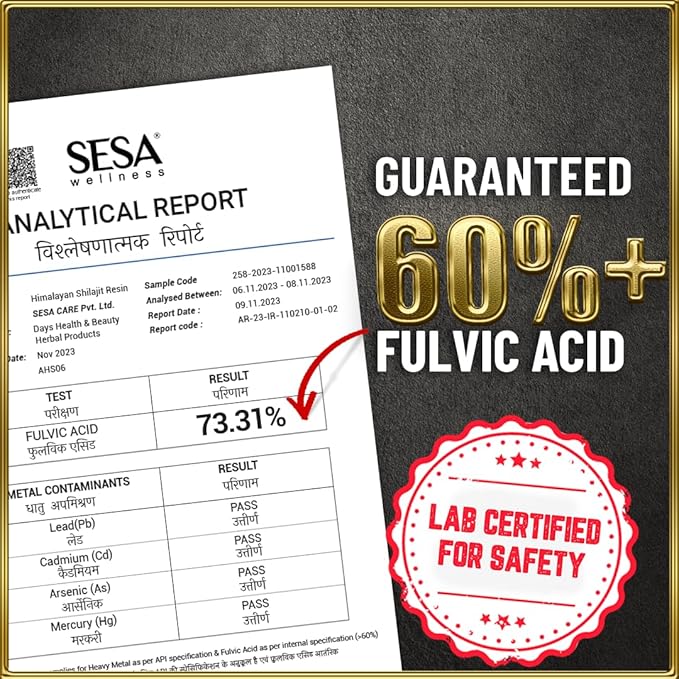 Pure Himalayan Shilajit Resin 100% Ayurvedic 50 Servings of 400mg Helps Boost Strength, 85+ Trace Minerals, Endurance & Immunity 70%+ Fulvic Acid Contains Lab Certificate