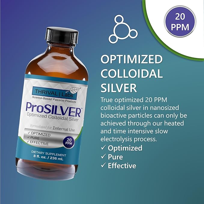 ProSILVER Blue Label 20 PPM Colloidal Silver Liquid (8oz), Optimized Bio-Active Liquid Silver Nanoparticles for Immune Support, Dark Glass Bottle - Thrival Labs