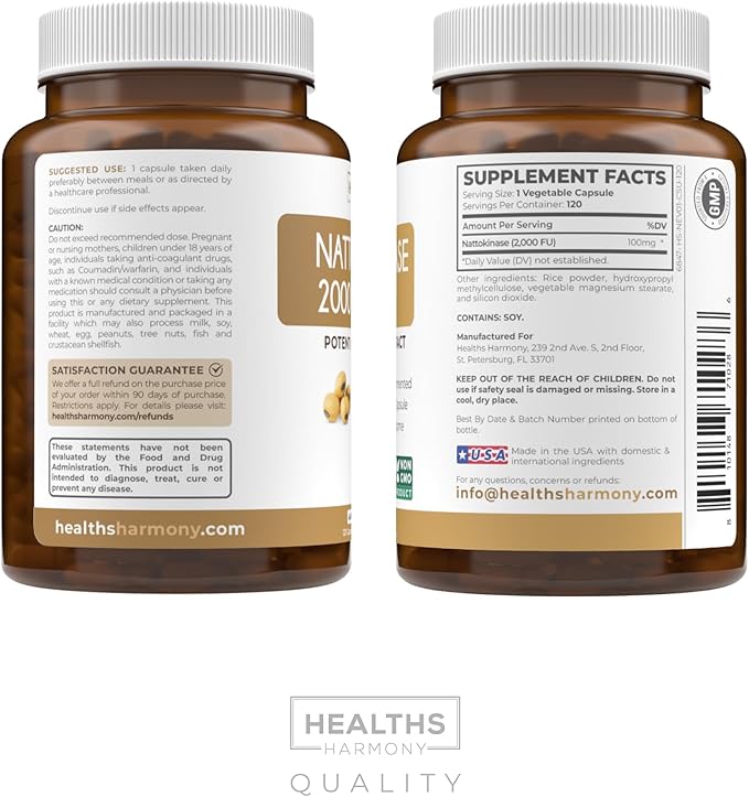 Healths Harmony Nattokinase 2000 FU (Non-GMO) Powerful Nattokinase Supplement Made from Naturally Fermented Soybeans - (4 Month Supply) 120 Vegan Natto Capsules