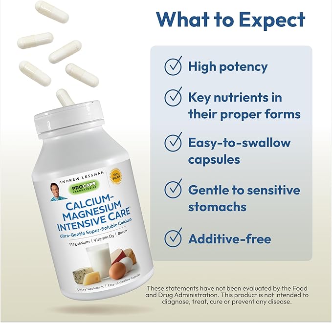 ANDREW LESSMAN Calcium Magnesium Intensive Care 1000 Capsules - Bone and Skeleton Health Essentials. Easy to Swallow Capsules, Super Soluble Fine Powder. Gentle to Even The Most Sensitive Stomachs