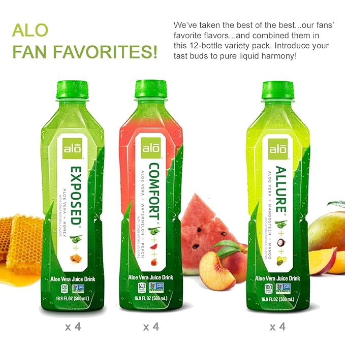 ALO Aloe Vera Juice | 16.9 fl oz, Pack of 12 | 3-Flavor Variety Pack | ALLURE, COMFORT, EXPOSED Plant-Based Drink