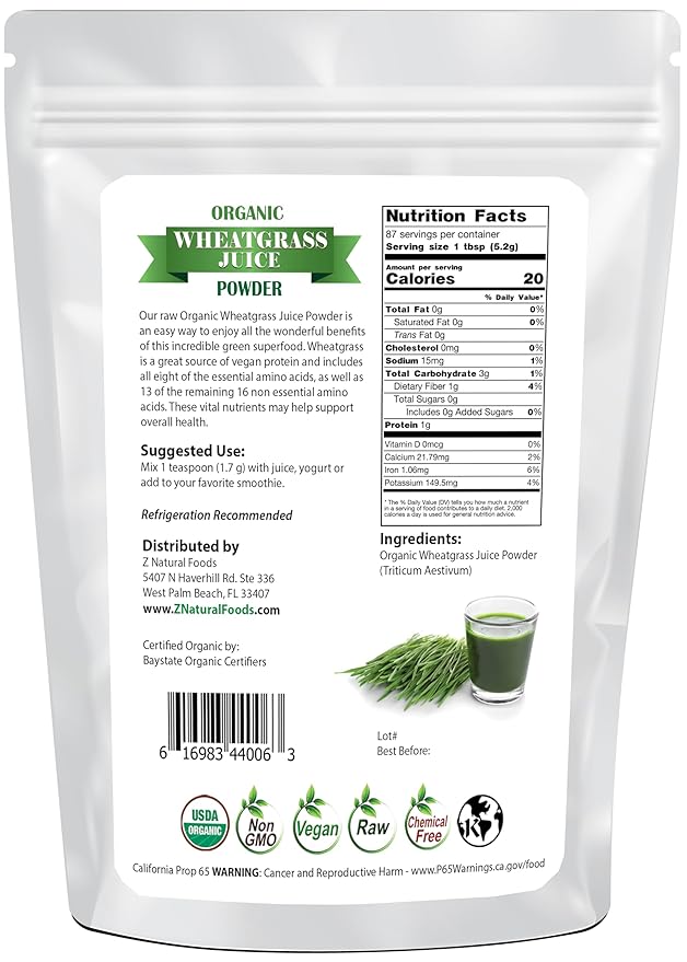 Z Natural Foods Organic Wheat Grass Juice Powder - Superfood for Healthy Aging & Digestion - Non-GMO, Vegan, Kosher - Perfect for Juices, Yogurts & Smoothies - Wheatgrass Juice Powder Bliss, 1 lb