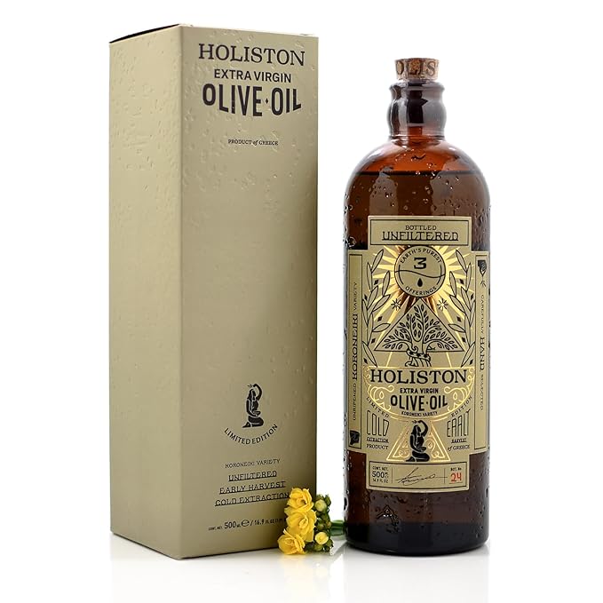 HOLISTON Limited Edition Ultra-Premium Polyphenol Rich Olive Oil Extra Virgin - Unfiltered, Antioxidant, Award Winner, Cold-Pressed, Early Harvest, Hand Picked, From Rhodes Island (500 ml, 16.9 fl oz)