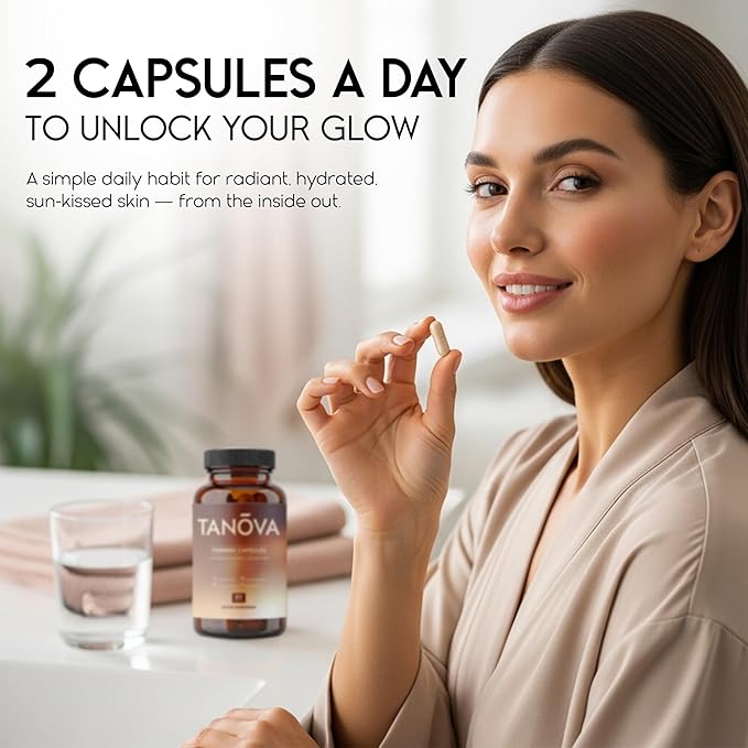 Tanova Tanning Pills – Supports a Natural Golden Glow, Skin Resilience & Anti-Aging Against Sun-Induced Oxidative Stress – with Astaxanthin, L-Tyrosine, Copper & Polypodium Leucotomos – 60 Capsules
