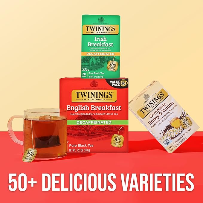 Twinings Decaffeinated English Breakfast Black Tea Bags, 50 Count (Pack of 6), Flavourful, Robust, Enjoy Hot or Iced, 300 Teabags