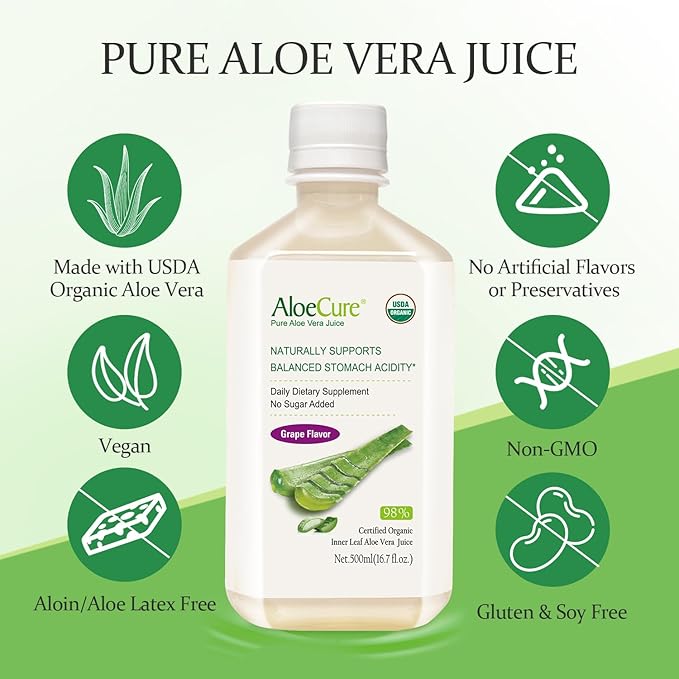 AloeCure USDA Organic Aloe Vera Juice Grape Flavor, Made Within 12 Hours of Harvest - Pure Aloe Vera Digestive & Immune Health Supplement, Helps Maintain Balanced Stomach Acidity, 16.7oz x 18 Btls