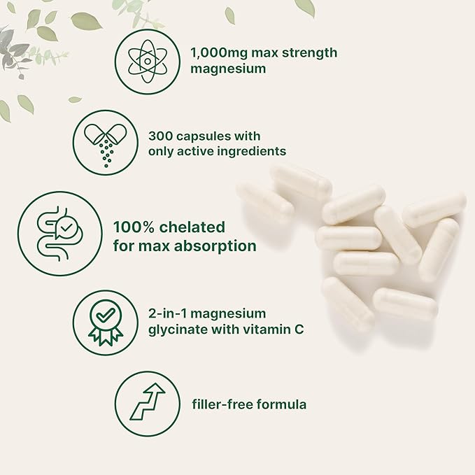 Pure Magnesium Glycinate 1,000mg, 300 Capsules | 100% Chelated for Max Absorption | Support for Sleep, Muscle, Heart & Nerve Health | Enhanced with Vitamin C | Only Uses Active Ingredients
