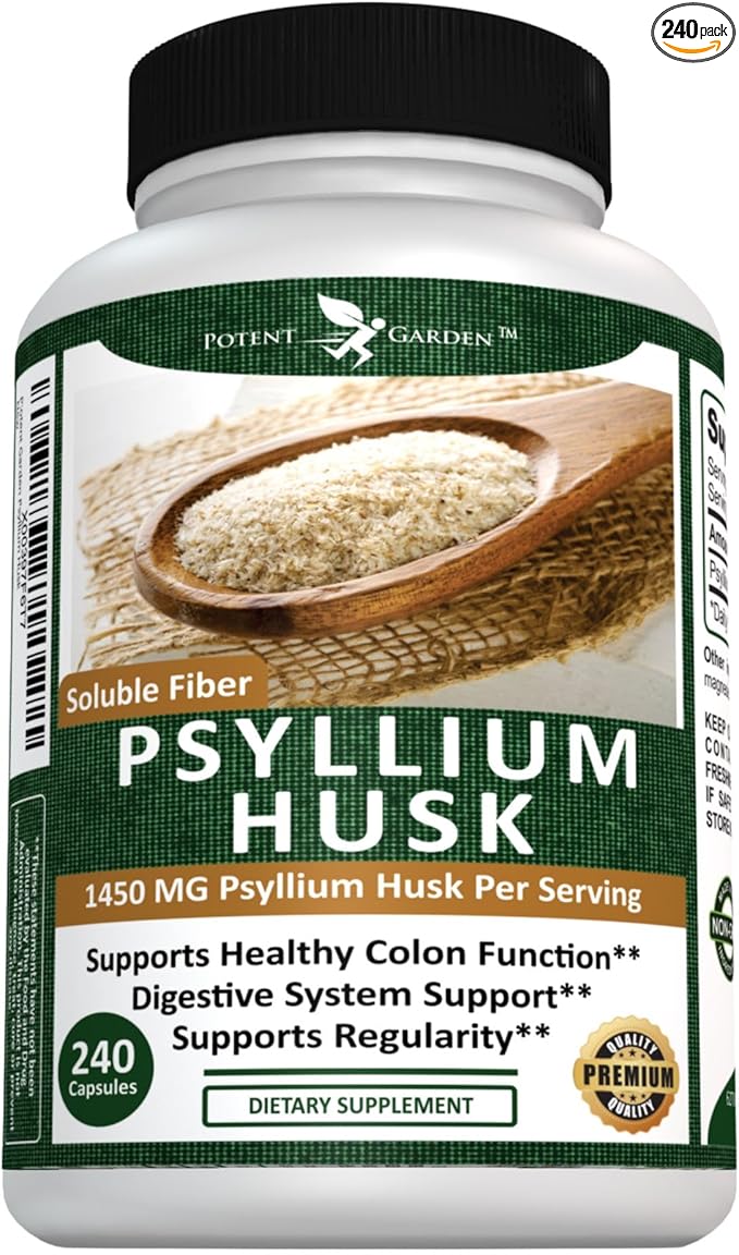 Potent Garden Psyllium Husk Capsules All Natural & Powerful Soluble Dietary Fiber Supplement Helps Support Regularity & Digestion, 240 Caps