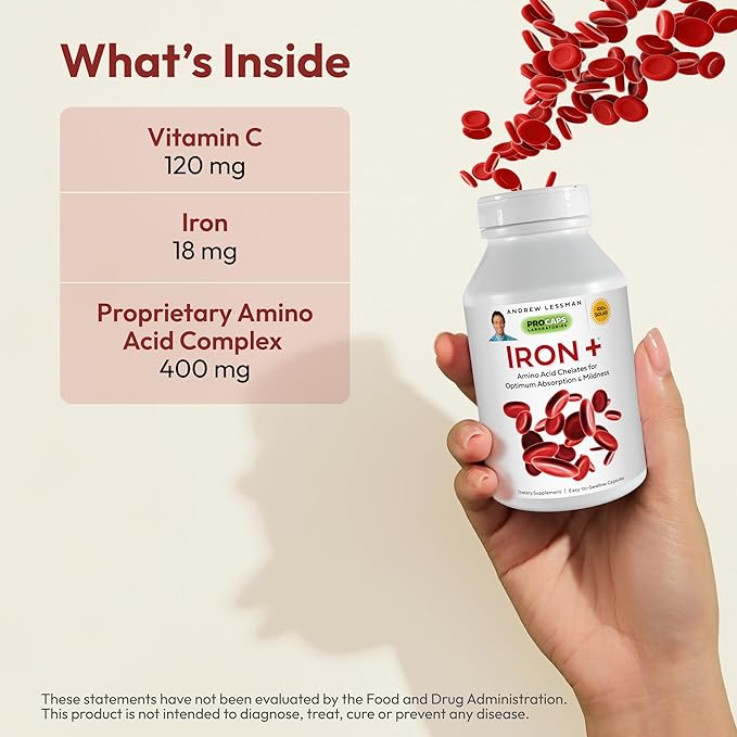 ANDREW LESSMAN Iron Plus 360 Capsules - 18mg Iron, 100% Pure Amino Acid Chelated Iron (Glycinate, Aspartate), Plus Vitamin C for Increased Absorption, Small, Easy to Swallow Capsules, No Additives