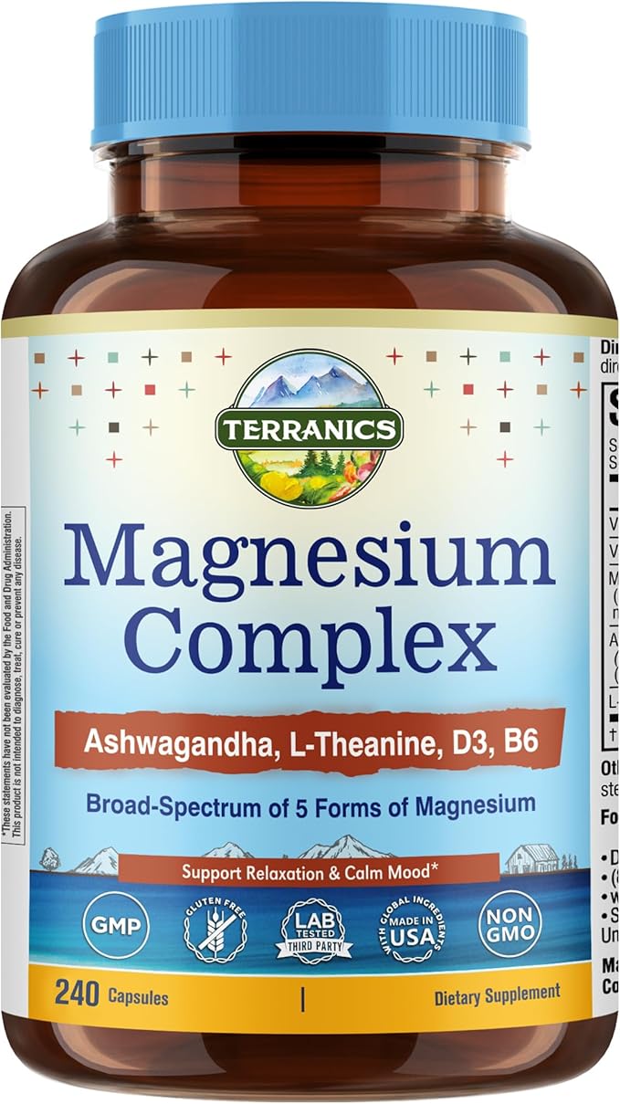 Terranics Magnesium Complex Supplement with Glycinate, Citrate, Taurate & Malate | Supports Nerve & Mood Health | Includes Ashwagandha, L-Theanine, Vitamin D3 & B6 | 240 Capsules | Non-GMO