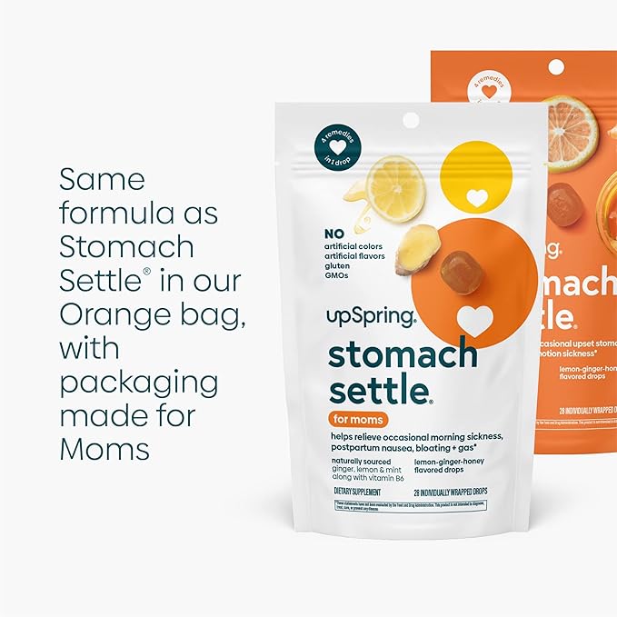 UpSpring Stomach Settle for Moms Drops for Occasional Morning Sickness with Ginger, Lemon, Spearmint, and B6. Individually Wrapped Drops, 28 Ct(Packaging May Vary)