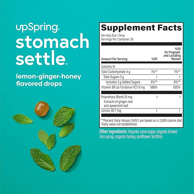 UpSpring Stomach Settle Drops for Occasional Nausea Relief, Upset Stomach and Motion Sickness with Ginger, Lemon, Spearmint and B6, Mint Flavor Drops, 56ct (Pack of 2)