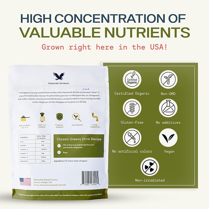 Organic Wheatgrass Powder - 100% Whole-Leaf Powder for Energy, Detox & Immunity Support - Rich in Immune Vitamins, Fibers, and Minerals - Vegan-Friendly, Raw & Gluten-Free (8 Ounce)