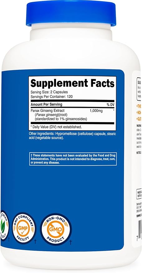 Nutricost Panax Ginseng 1000mg, 240 Capsules, 3 Bottles - Non GMO, Gluten Free, 120 Servings