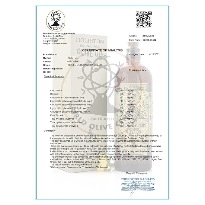 HOLISTON Limited Edition Ultra-Premium Polyphenol Rich Olive Oil Extra Virgin - Unfiltered, Antioxidant, Award Winner, Cold-Pressed, Early Harvest, Hand Picked, From Rhodes Island (500 ml, 16.9 fl oz)