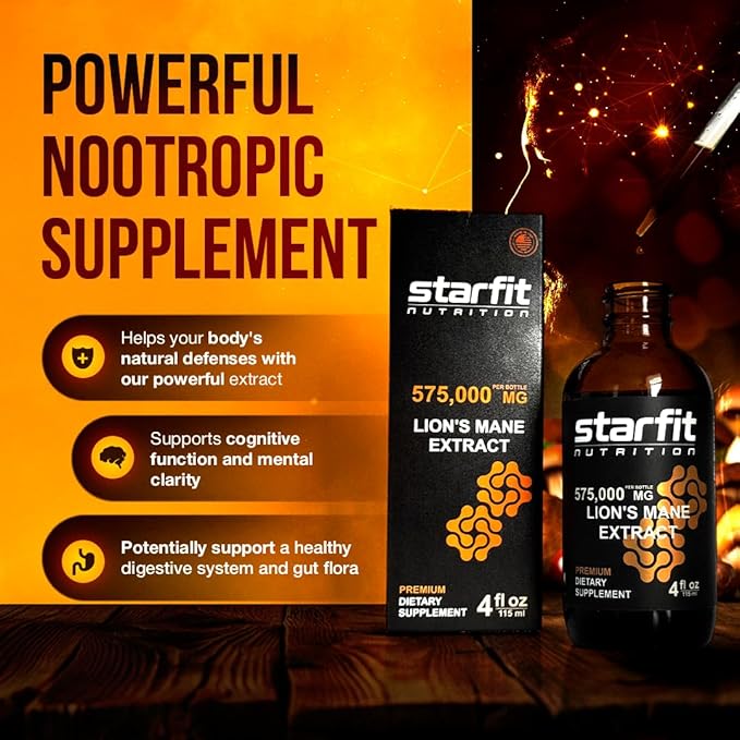 STARFIT Lion's Mane Mushroom Extract, 575,000 mg, Liquid Supplement for Immune Support, Memory, and Digestive Health, 4 fl oz