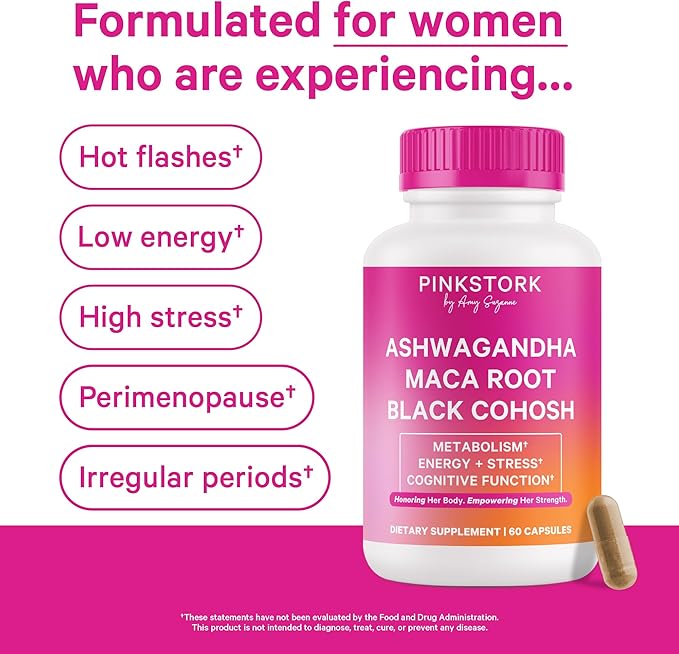 Pink Stork Perimenopause Support for Women – Ashwagandha, Maca Root, Black Cohosh + Dong Quai, Chasteberry, Red Clover – Hormone Balance, Cortisol, Adrenal Support – 60 Vegan Capsules