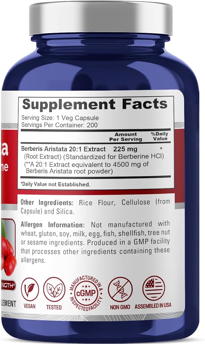 NusaPure Berberine HCI 20:1 Extract, 220 mg Equivalent to 4,500mg - 200 Veggie Caps - (Vegetarian, Non-GMO, Vegan)