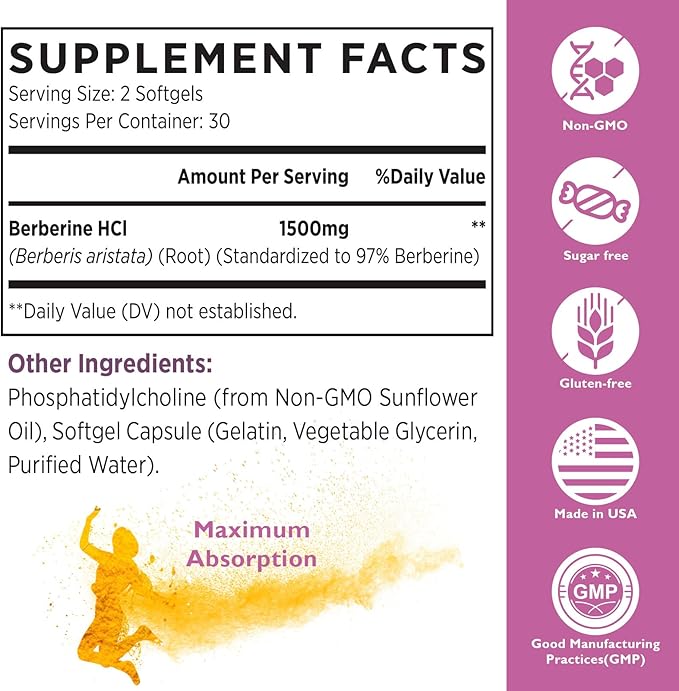 Berberine HCL Supplement 1500mg - Third Party Tested, High Bioavailability Liposomal Berberine Capsules for Women and Men, AMPK Activator