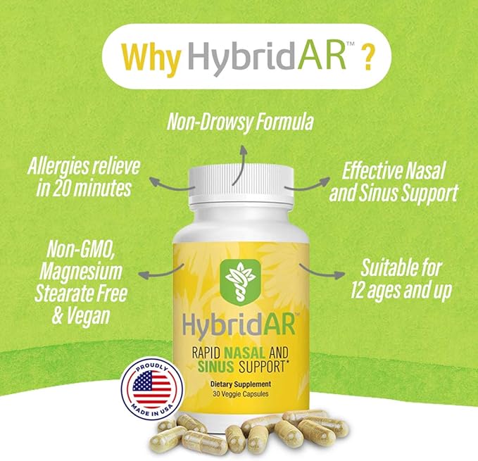 HybridAR Rapid Sinus Relief and Calm – Fast Acting Non-Drowsy Sinus Support and Medicine - Natural Decongestants for Adults with Antihistamine, Quercetin, and Butterbur for Allergies - 30 Capsules