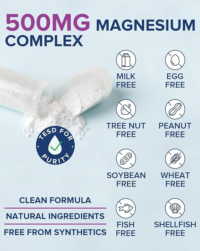 Terranics 5-in-1 Magnesium Complex Supplement 500mg - 5 Forms High Absorption Magnesium Glycinate Citrate Malate Aspartate Gluconate for Sleep Heart Health - Non-GMO 240 Vegan Capsules