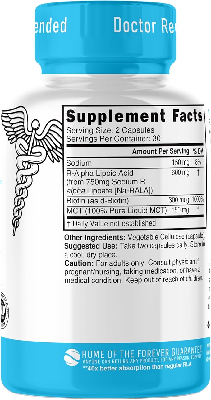 Nutri R Alpha Lipoic Acid 600mg Capsules - R Lipoic Acid Stabilized with Biotin - Active Form of R-ALA - 600 mg Clinical Dosage - Powerful Cellular Energy Support - 60 Vegan Capsules - RALA