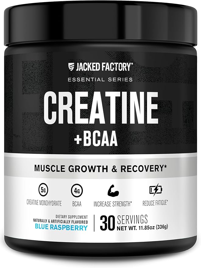 Jacked Factory Creatine + BCAAs - Creatine Monohydrate + BCAA Powder for Increased Post-Workout Recovery, Performance, Lean Muscle Growth, & Reduced Fatigue - 30 Servings, Blue Raspberry