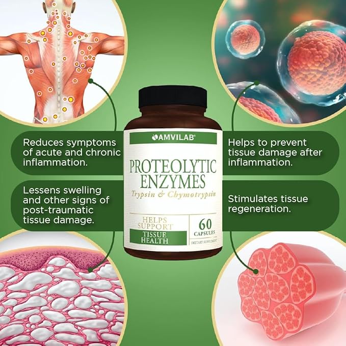 Proteolytic Enzymes - Trypsin & Chymotrypsin - Reduces Edema & Inflammation From Tissue Injury - Supports Digestive, Tissue & Immune Health - Recovery Boost - Dietary Supplement -60 Capsules