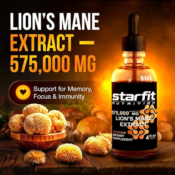 STARFIT Lion's Mane Mushroom Extract, 575,000 mg, Liquid Supplement for Immune Support, Memory, and Digestive Health, 4 fl oz
