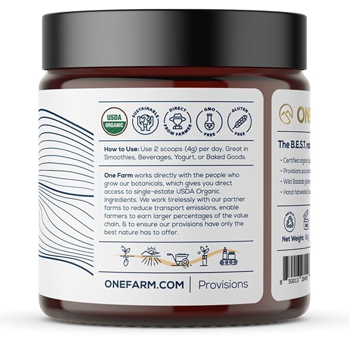 One Farm by WAAYB Organic Baobab Powder Non-GMO, Fair-Trade, Vegan, Gluten Free, Single Origin, 100% South African Baobab, Premium Quality in Resealable Jar