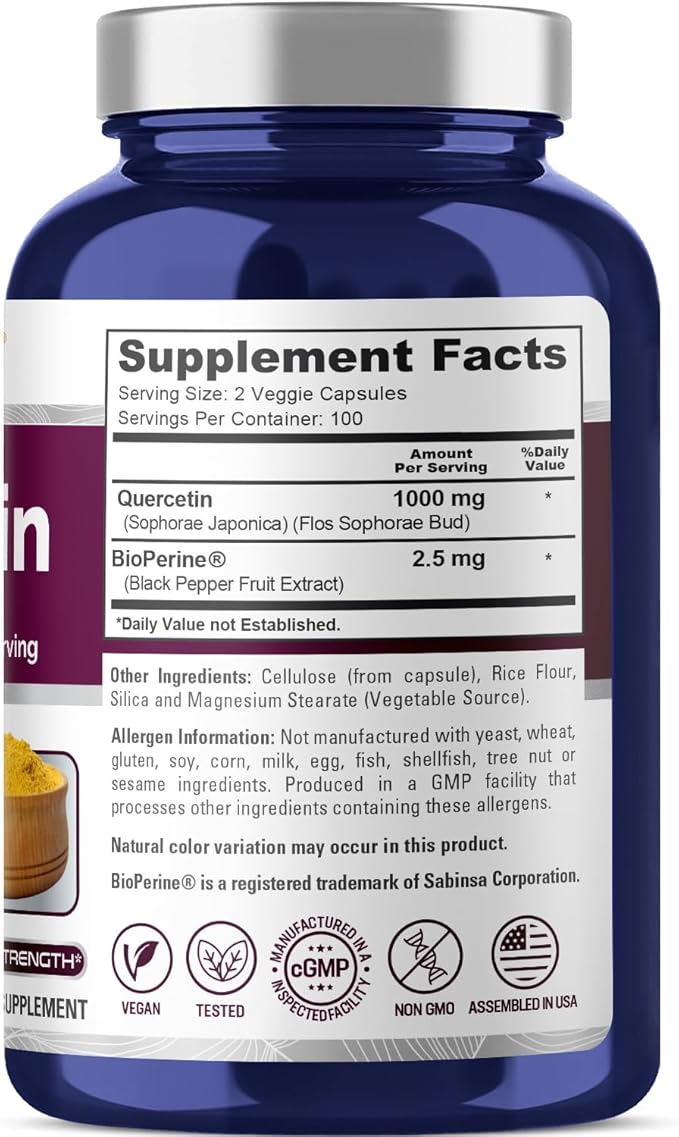 NusaPure Quercetin 1000mg - 200 Veggie Caps (Non-GMO, Vegan, Vegetarian) Bioperine