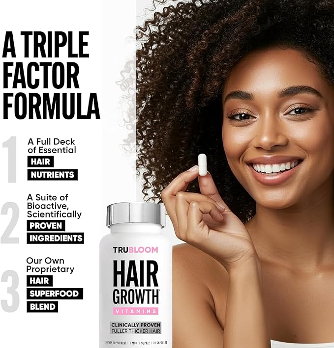 Tru Bloom Hair Growth Vitamins - 1 Month Supply. Clinically Proven to Grow Fuller, Thicker Hair. Natural & Drug-Free with Biotin, MSM, Zinc, D3 + Hair Superfoods. Non GMO