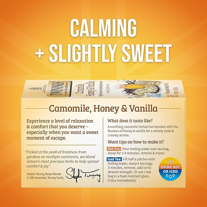 Twinings Camomile, Honey & Vanilla Herbal Tea individually Wrapped Bags, 20 Count (Pack of 1), Naturally Caffeine-Free, Enjoy Hot or Iced, 20 Teabags