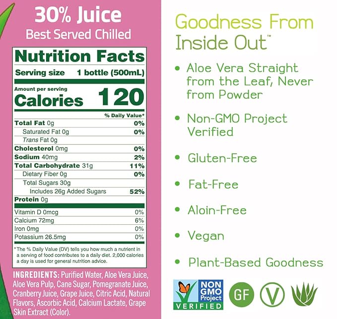 ALO Aloe Vera Juice Drink | ENRICH - Pomegranate + Cranberry | 16.9 fl oz, Pack of 12 | Plant-Based Drink with Real Aloe Pulp
