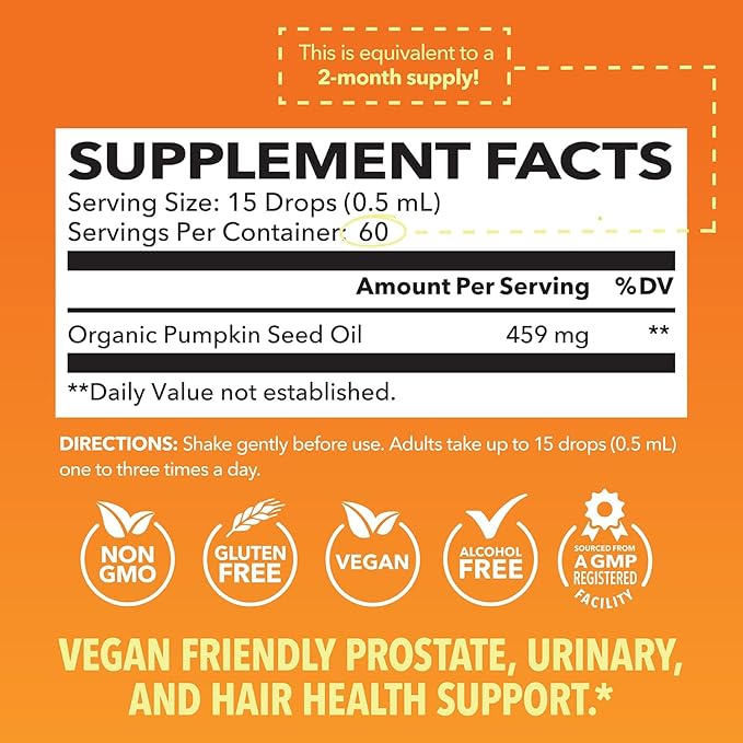 Pumpkin Seed Oil - USDA Organic - Cold Pressed for Hair, Prostate, and Hormone Support - 2 Month Supply - Liquid Drops for Men and Women - Vegan, Non-GMO, and Gluten Free - Unflavored, 1 Fl Oz