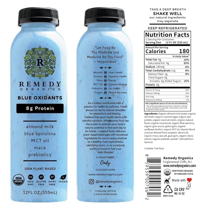 Remedy Organics Blue Essentials 12-Pack | Plant Based Protein Shakes, Ready to Drink | USDA Organic, Gluten Free, Dairy Free, Soy Free