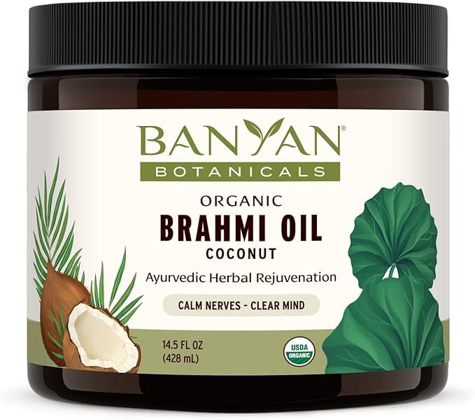 Banyan Botanicals Brahmi Oil in Coconut Base – Organic Ayurvedic Massage Oil with Gotu Kola and Bacopa – Calming Massage Oil for Focus & Relaxation – 14.5 oz NonGMO Sustainably Sourced Abhyanga Oil