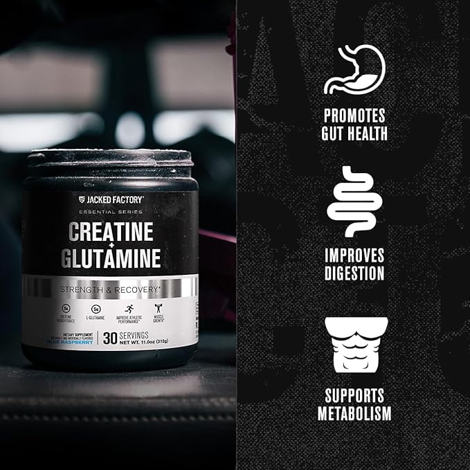 Jacked Factory Creatine + Glutamine - Creatine Supplement with L-Glutamine for Muscle Recovery, Muscle Growth, Increased Strength, Enhanced Energy Output, and Gut Health - 30 Servings, Blue Raspberry