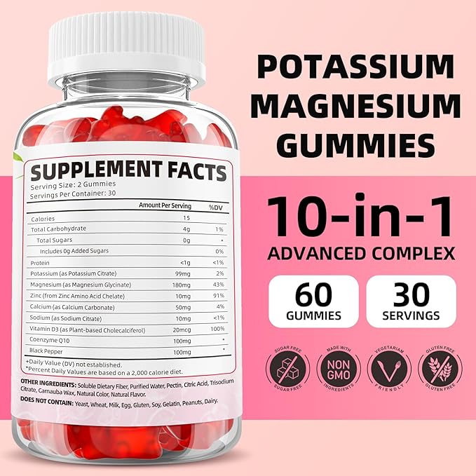 Potassium Magnesium Supplement Gummies, Potassium Gummies for Adults Kids, High Absorption Magnesium Glycinate for Leg Cramps & Immune Health, Sugar-Free, Raspberry Flavors, 60 Count