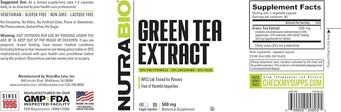 NutraBio Green Tea Extract, Adds Antioxidant Benefits and Helps Overall Health and Well-Being, 500mg - 90 Capsules