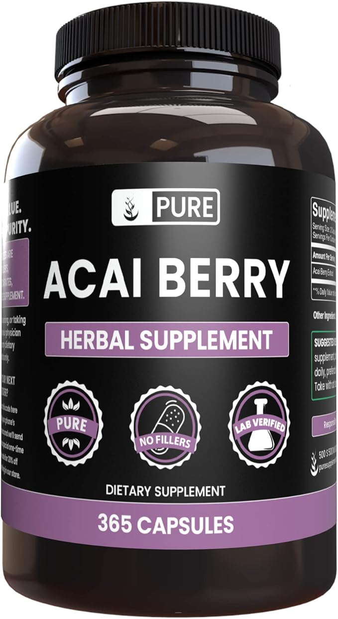 PURE ORIGINAL INGREDIENTS Acai Berry (365 Capsules) No Magnesium Or Rice Fillers, Always Pure, Lab Verified