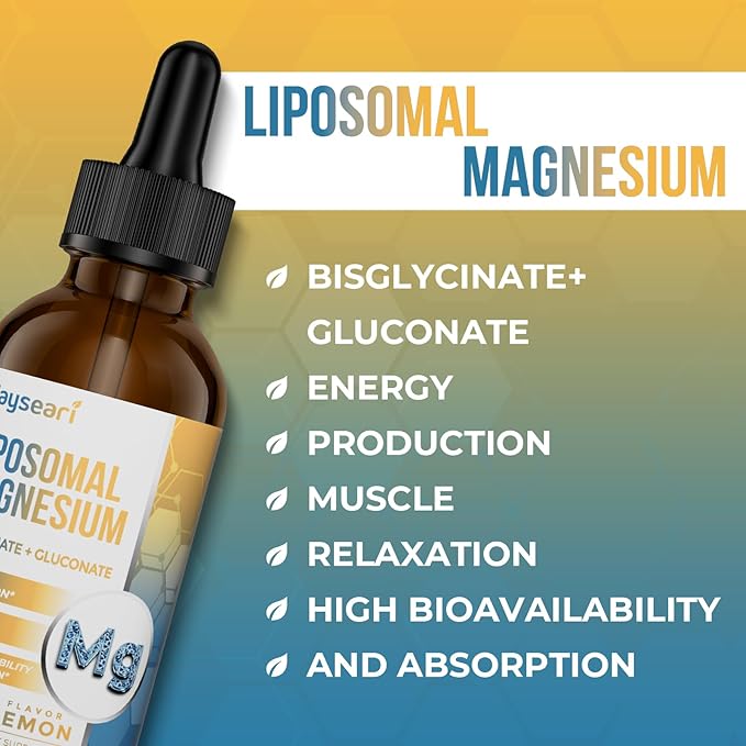 High Strength Liposomal Magnesium Drops, Easily Absorbed Chelated Forms of Magnesium Bisglycinate and Magnesium Gluconate, Supports - Sleep Aid, Stress, Mood, Gut - 60ML Lemon Flavored Liquid Drops