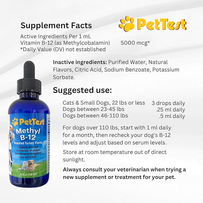 PetTest Methyl B12 Vitamin Liquid Drops 4fl oz (5000 MCG) Supplement with Methylcobalamin for Diabetic Pets, Maximum Absorption to Increase Energy for Dogs and Cats