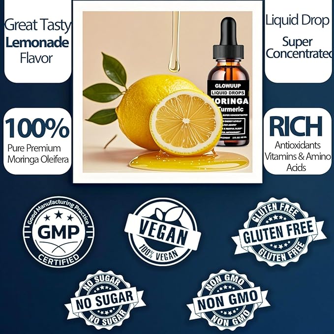 Organic Moringa Liquid Drops, Pure Moringa Leaves w. Turmeric Black Pepper Vitamin C E - Antioxidant, Joint, Digestive & Immune for Men & Women, 6X Absorption Than Capsules Powder Gummies or Pills