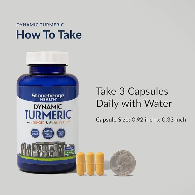 Stonehenge Health Dynamic Turmeric Curcumin with Ginger - High Potency - 1,650 mg Turmeric with 95% Curcuminoids & BioPerine, 90 Vegetarian Capsules