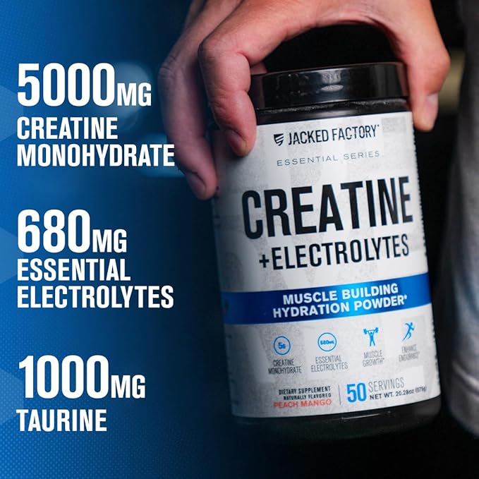 Jacked Factory Creatine + Electrolytes - Creatine Monohydrate with Taurine, Calcium, Sodium, & Potassium to Increase Muscle Growth, Strength, Hydration, & Endurance - 50 Servings, Peach Mango
