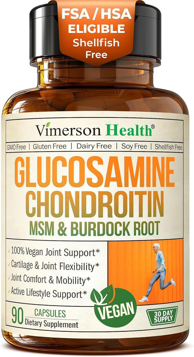 Vegan Glucosamine Chondroitin MSM - 100% Vegan Joint Support Supplement for Women & Men with Burdock and Glucosamine Sulfate 1500 mg. Used for Cartilage and Joint Health and Flexibility - 90 Capsules