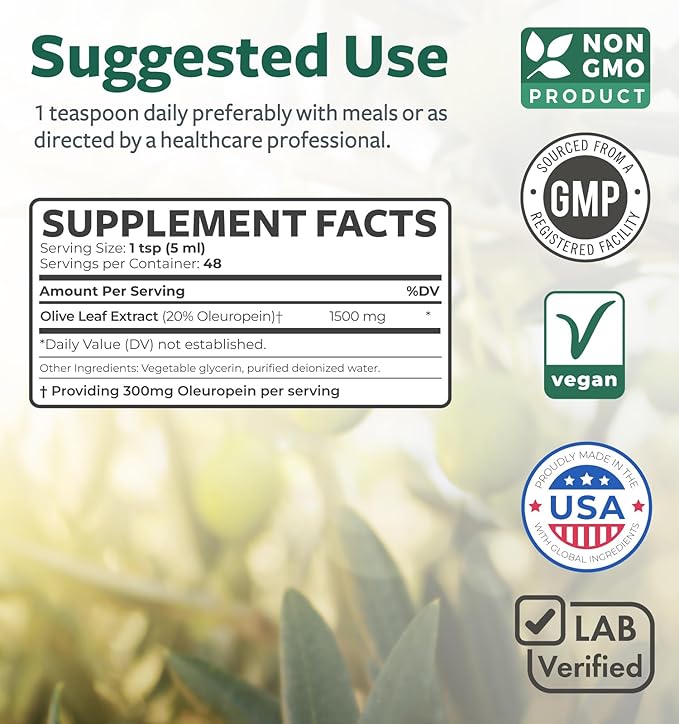 Olive Leaf Extract (Non-GMO) Super Strength: 20% Oleuropein - 1500mg - Vegetarian - Immune Support Supplement, Skin Health, and Powerful Antioxidants Supplement - Liquid Extract - 8 Fl Oz