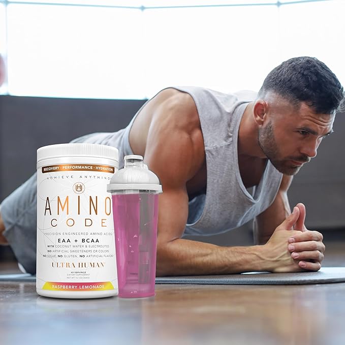 Ultra Human Amino Code | Essential Amino Acids + BCAAs + Coconut Water Electrolytes | Fast Hydration Workout Recovery Amino Energy Powder Drink | Clean Formula, 40 Servings - Raspberry Lemonade